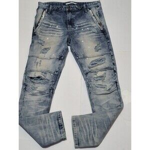 Kloud9 MEN DISTRESSED PAINT SPLATTER SLIM STRAIGHT JEANS BLUE Size Men's 34x32